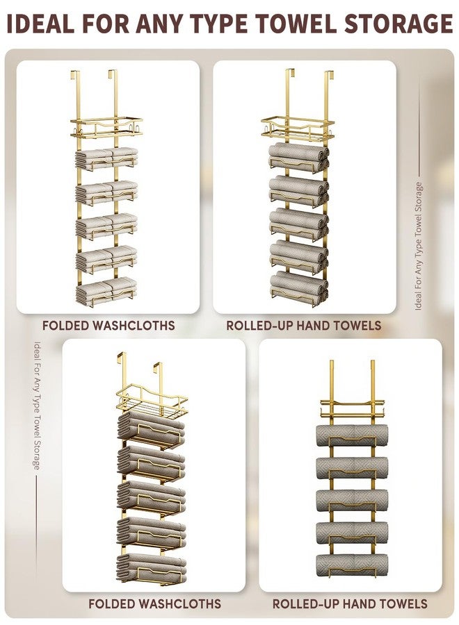 Aetyord Hanging Towel Racks for Bathroom No Drill - 6-Tier Over The Door Bath Towel Storage Organizer for Small Bathrooms - Tiered Back of Door Towel Holder Hanger for Rolled Towels RV Camper Gold - Image 5